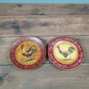 Set of 2 Decorative Rooster Plates Red Gold Farmhouse Kitchen Wall Decor